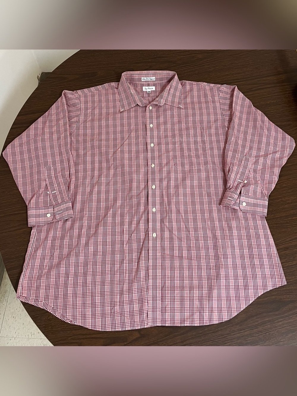 Paul Fredrick Dress Shirt Mens 20-35 Burgundy Check Cotton Broadcloth Big Tall